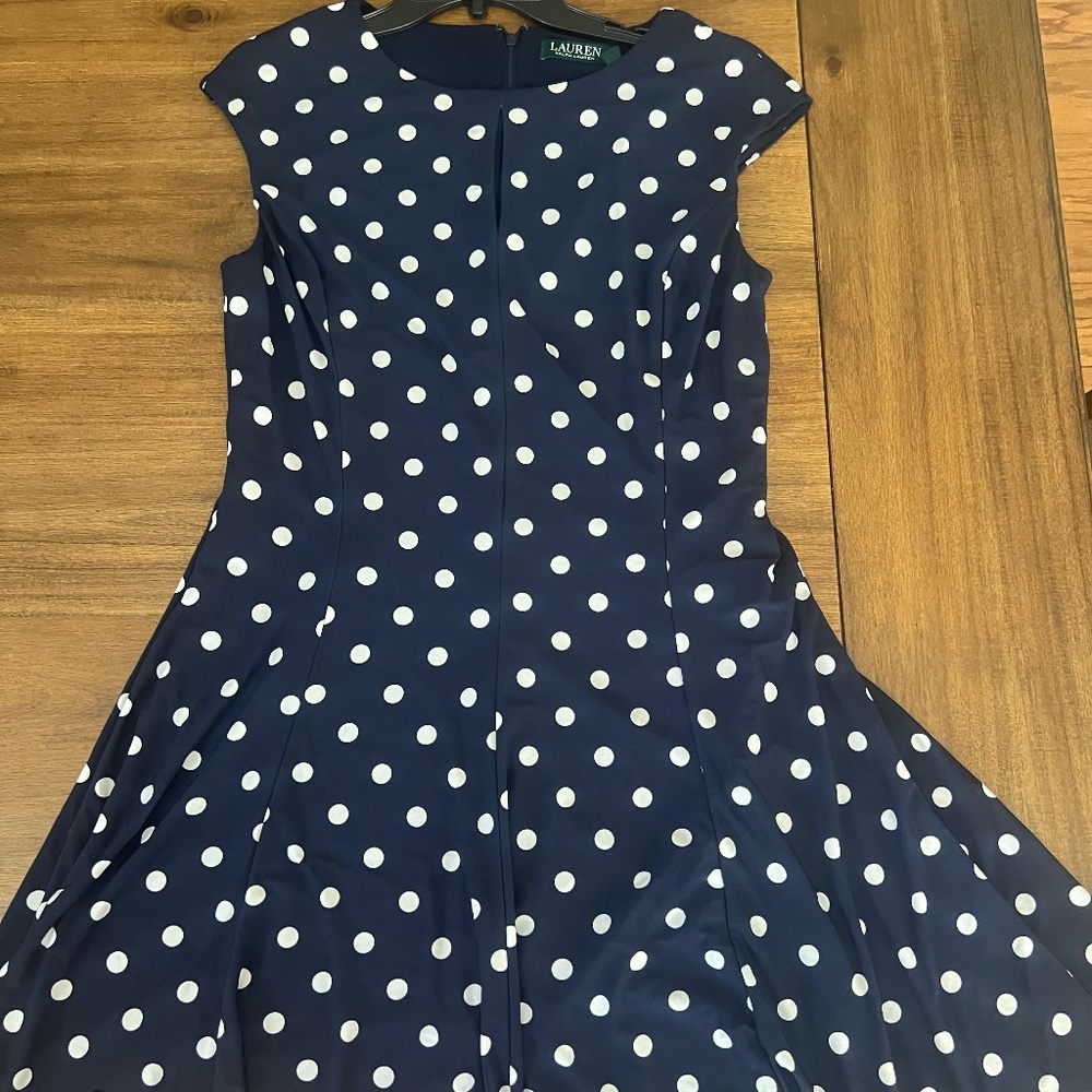 Polka dot fit and flare midi dress.